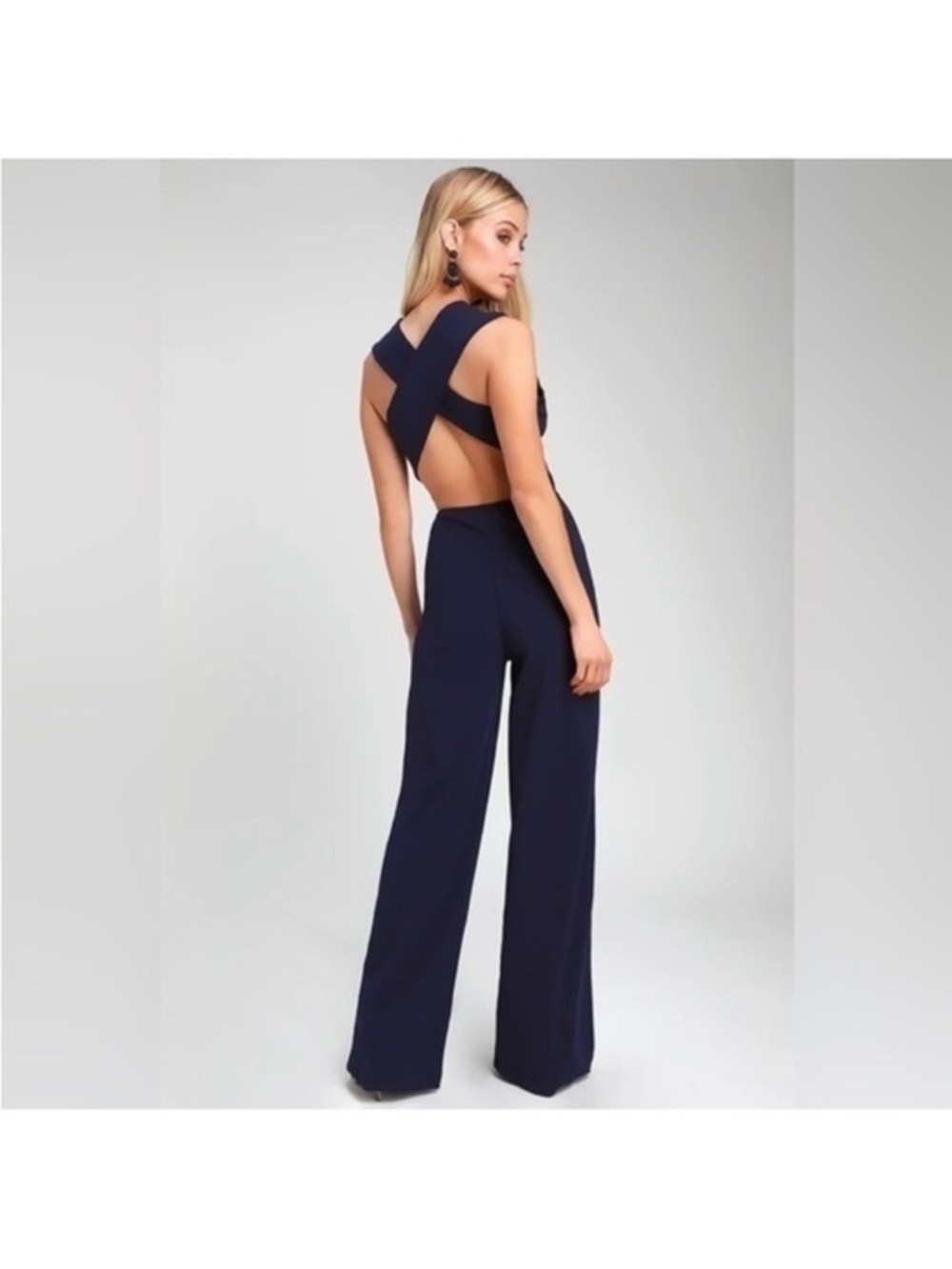 Lulu’s Thinking Out Loud Navy Blue Backless Jumpsuit Small S